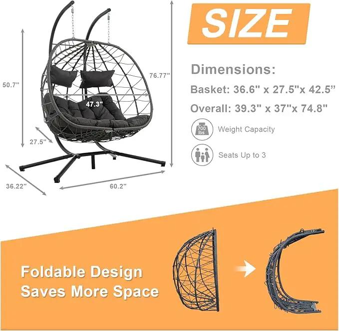 Double Egg Swing Chair with Stand, 2 Person Outdoor Indoor Hammock Hanging Chair with Cushion,Patio Wicker Hanging Egg Chair w/Cushion 700LBS Capacity for Bedroom, Balcony, Garden by GreenHaven Gardens