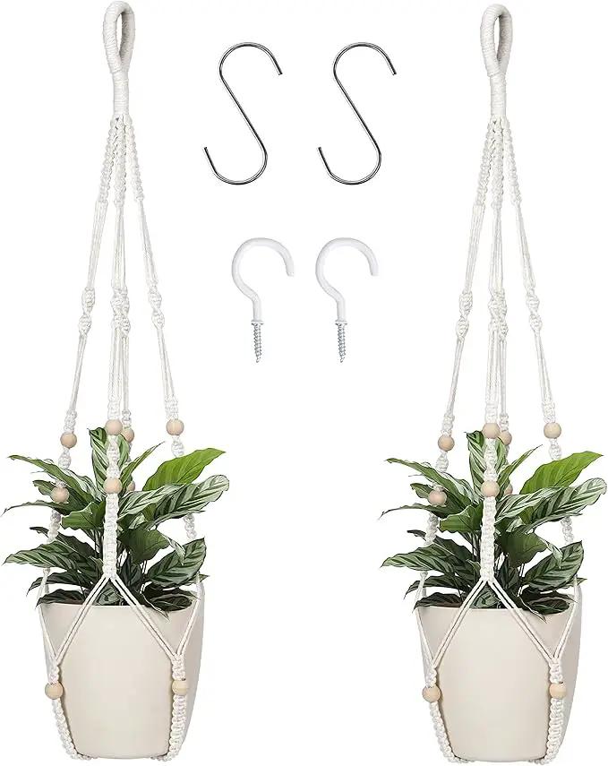 Macrame Plant Hanger Indoor Hanging with Wood Beads Macrame Planters No Tassel for Indoor Outdoor Boho Home Decor 35 Inch (Ivory,2pcs) by GreenHaven Gardens