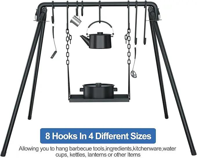 RELIANCER Grill Swing,Campfire Grill Cooking Stand w/8 Hooks & Storage Bag,Cast Iron BBQ Party Swing Grilling Cooking Rack,Outdoor Picnic Camping Cookware Hanging Rack,Collapsible Bonfire Barbecue Set by GreenHaven Gardens