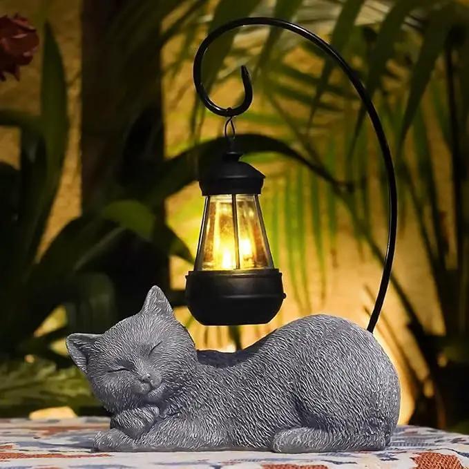 Solar Cat Garden Statue with Lantern, 13 Inch Tall Figurine for Outdoor Decor, Yard, Patio, Lawn and Porch, Solar-Powered Lights Sculpture by GreenHaven Gardens