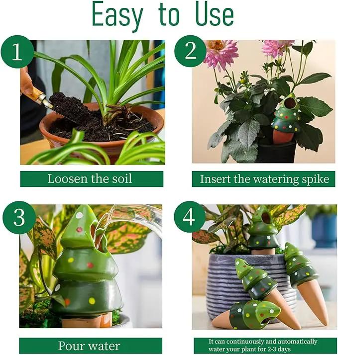 4 Pack Terracotta Christmas Tree Automatic Plant Watering Devices,Household self Watering Planter Insert, Watering Spikes for Indoor Plants,Holiday Potted Plant Continuous Moisture Device by GreenHaven Gardens
