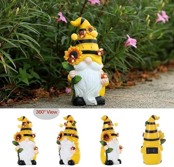 Garden Figurines Gnome Statue Decorations - Solar Resin Spring Bee Gnome Figurine Solar Garden Lights Outdoor Decorations Waterproof for Patio,Yard,Lawn, by GreenHaven Gardens