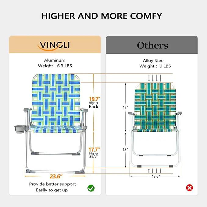 VINGLI Folding Aluminum Webbed Oversized Lawn Chairs with Detachable Cup Holder, 300LBS High Beach Chair for Adults Heavy Duty, Portable Patio Chair for Yard, Garden, 2 Pack,Blue/Green by GreenHaven Gardens