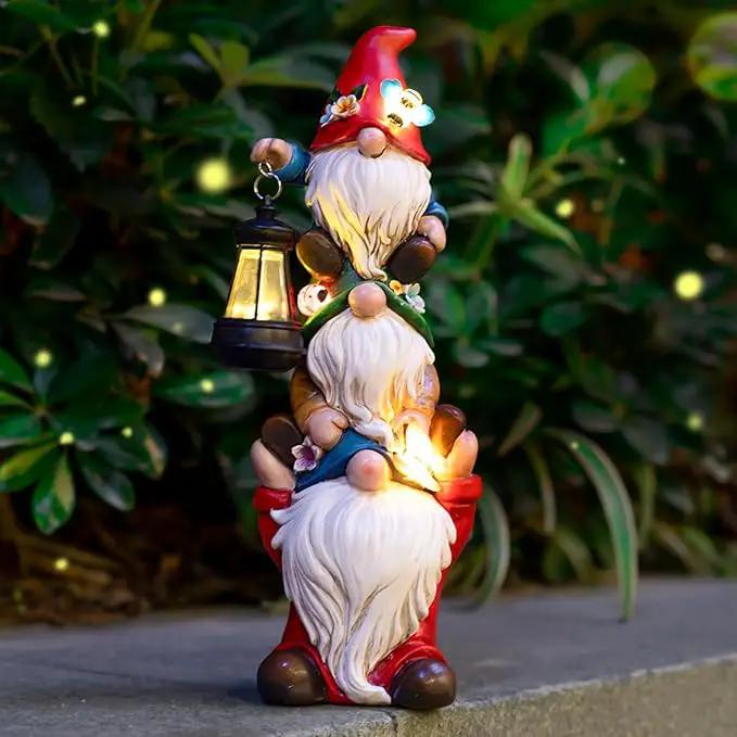 Garden Gnome Statue with Solar Lights Large Garden Sculptures Funny Triple Gnome Outdoor Patio Lawn Yard Garden Decor Gifts for Women Mom 12 in Spring Gnomes Outdoor by GreenHaven Gardens