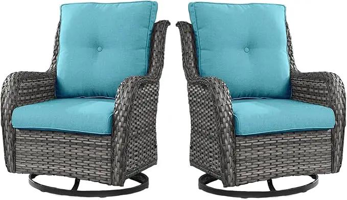Outdoor Swivel Rcoker Wicker Chairs - Swivel Patio Chairs Set of 2 Patio Furniture Sets with Covered Cushion for Porch Deck Balcony Backyard, Turquoise Cushion by GreenHaven Gardens