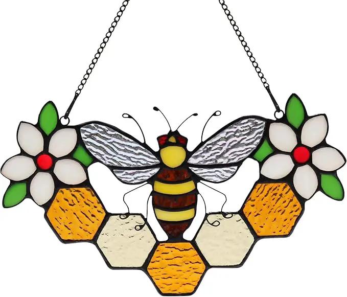 Bee Decor Stained Glass Window Hanging,Honeybee Honeycomb with Flowers Suncatcher for Window,Wall Art Ornaments,Birthday Gifts for Women,Friends,Housewarming Gift by GreenHaven Gardens