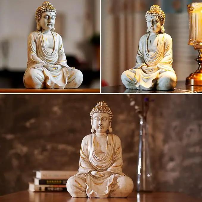 Goodeco 11.4 Meditating Zen Buddha Statue Figurine Sculpture - Indoor/Outdoor Decor for Home,Garden,with Natural Wood Beaded Necklace,Polyresin (White) by GreenHaven Gardens