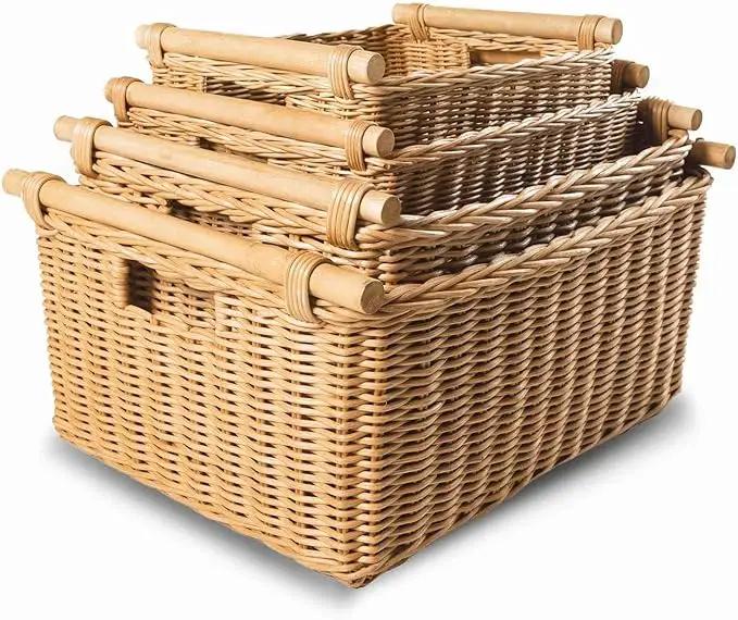 The Basket Lady Pole Handle Wicker Storage Basket, Extra Large, 20 in L x 16 in W x 10 in H, Sandstone by GreenHaven Gardens