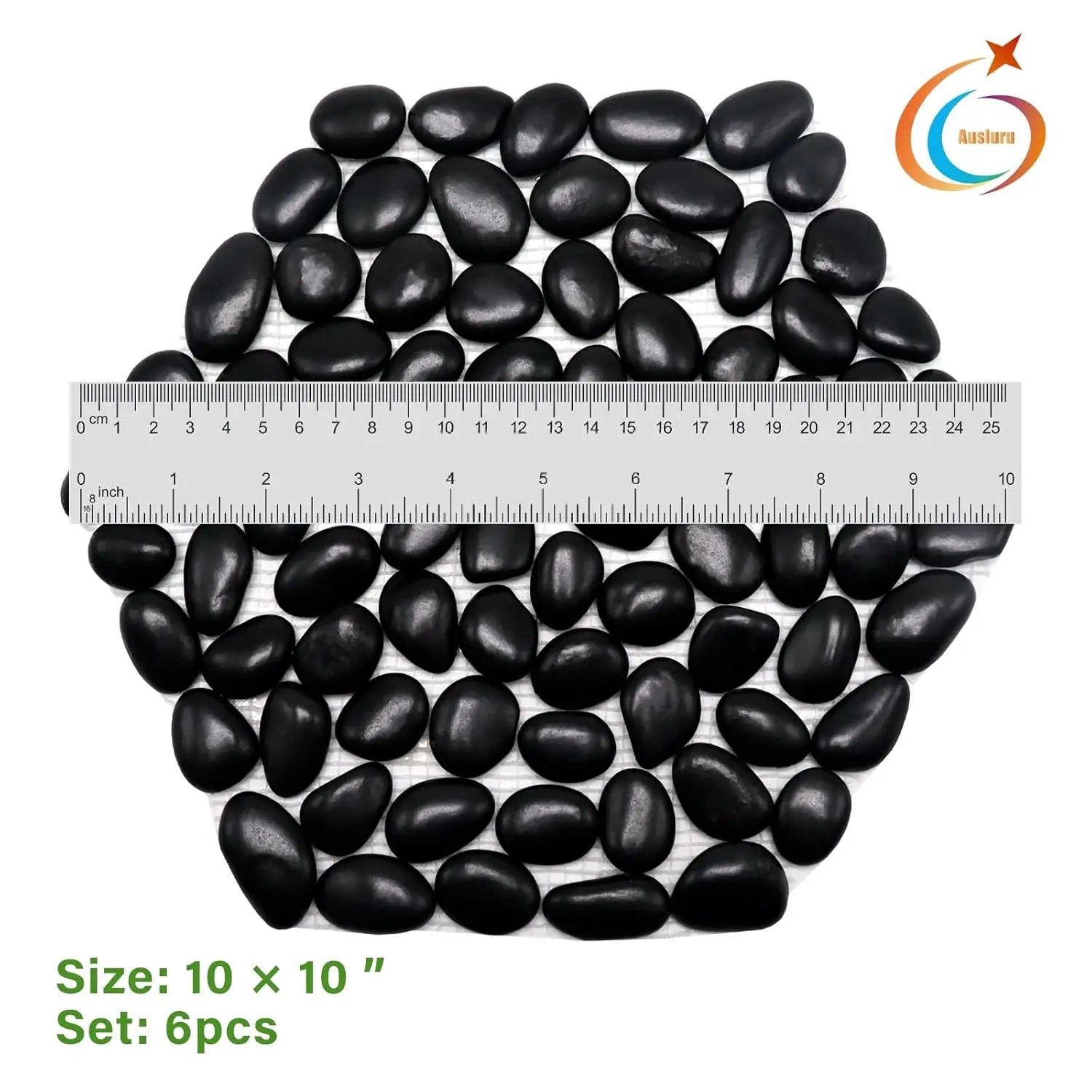 10in River Rock Stepping Stones Set - 6 Pack | Polished Pebble | Long-Lasting PVC Mesh Backing | Perfect for Garden Paths and Lawns Outdoor Landscaping Decoration | Black Rhombus by GreenHaven Gardens