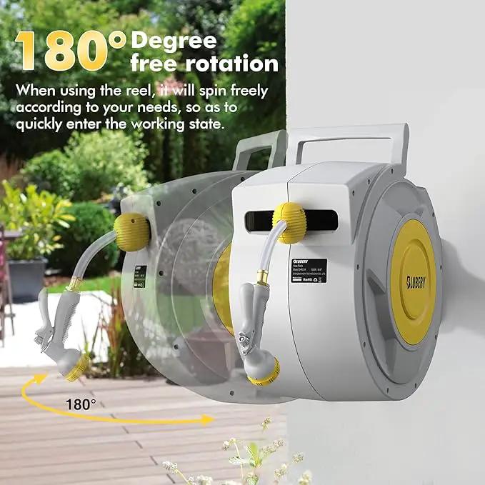BLUBERY 5/8" x 100+6.7ft Retractable Garden Hose Reel with Slow Return System, Heavy-Duty Wall-Mounted 39.3LB, 10" Handle, 180° Swivel Bracket, Any Length Lock by GreenHaven Gardens