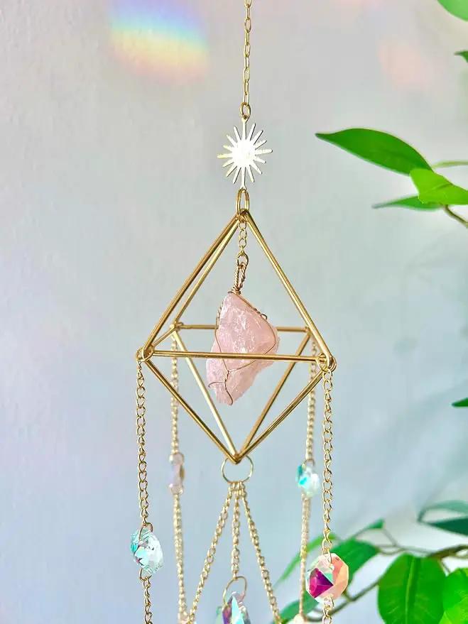 Crystal Suncatcher Rose Quartz, Spiritual, Sun Catcher Hanging for Windows, Rainbow Maker, Crystal Indoor Garden Home Decor, Natural Gemstone Boho Decor (Rose Quartz) by GreenHaven Gardens