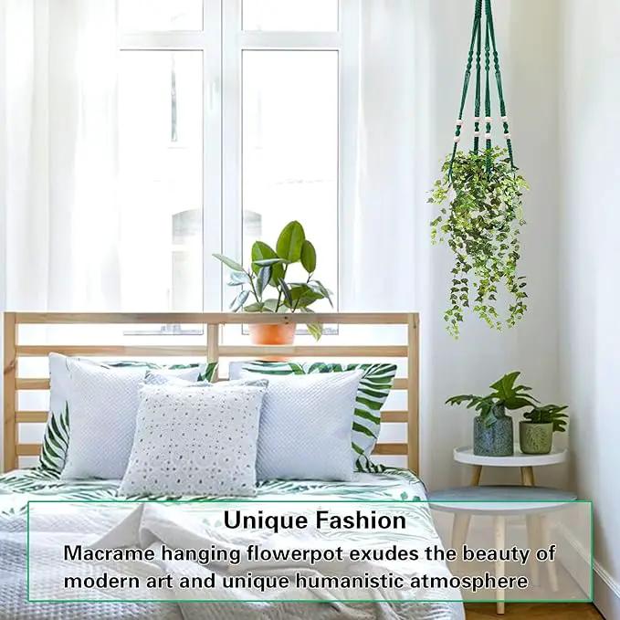 Augshy Macrame Plant Hangers Dark Green Hanging Planters for Indoor Outdoor Home Decor, Hanging Plant Holder No Tassels Set of 2 with 4 Hooks by GreenHaven Gardens