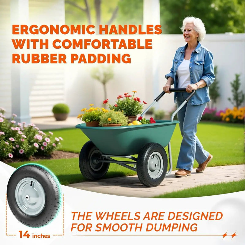 Upgrade 2 Wheel Wheelbarrow, Yard Cart with Padded Handlebar, 14 Inch Pneumatic Tires for High Stability, Ideal for Moving Soil, Plant Shrub, Gardening Tool, Easy Assembly by GreenHaven Gardens