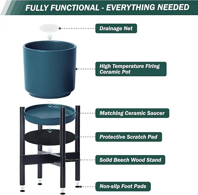 D'vine Dev Ceramic Planter with Ebony Stand - 12 Inch Modern Round Flower Pot with Wood Planter Holder, Teal, 55-B-H-4 by GreenHaven Gardens