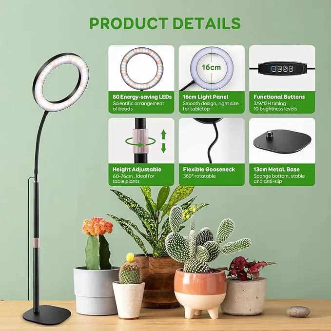 One Head Grow Lights for Indoor Plant Full Spectrum, Desk Halo Plant Lights for Indoor Growing with 3H/9H/12H Timer, 5 Dimmable Levels,Height Adjustable 9.4-23.6",Strong Metal Base Happy Light by GreenHaven Gardens