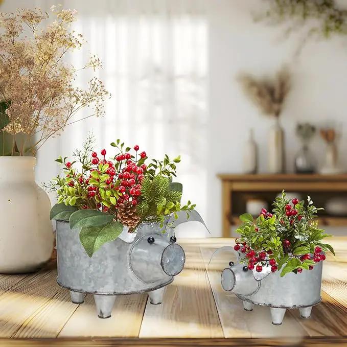 Galvanized Metal Pig Succulent Planter Farmhouse Pig Shaped Bowl Metal Pig Tray Rustic Decor Set of 2 by GreenHaven Gardens