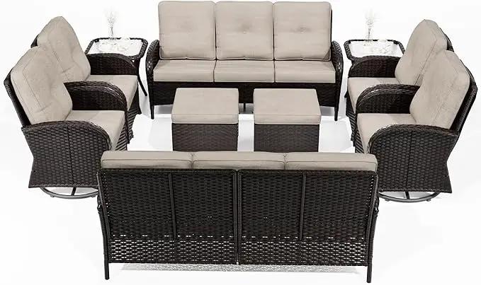 Joyside 10 Piece Patio Furniture Set, Outdoor Wicker Conversation Sets with Swivel Rocker Chairs and Sofa, Thick Cushion, Rattan Patio Sectional for Porch, Deck Use (Brown/Beige, 10 PCS) by GreenHaven Gardens