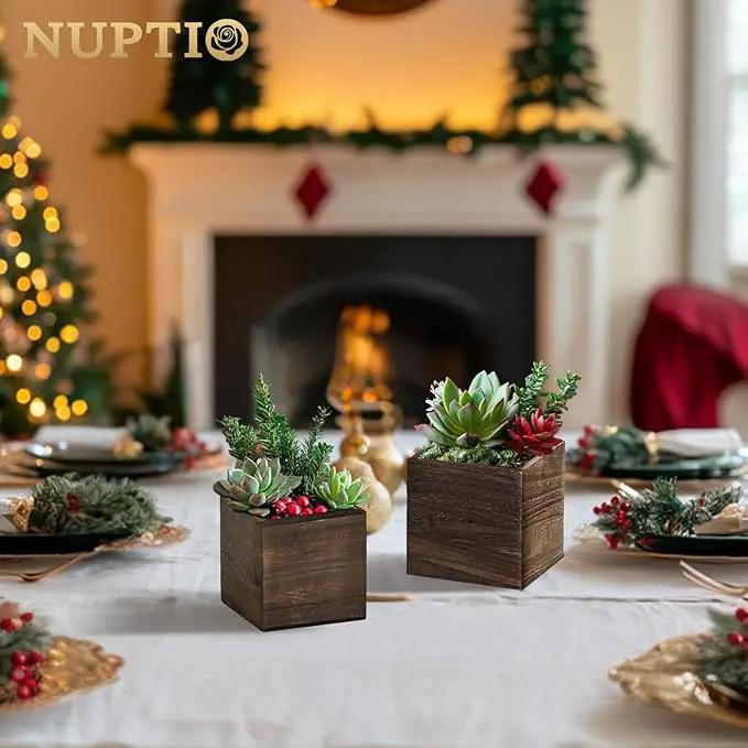 NUPTIO Wooden Box for Centerpiece Wedding: 6 Pcs Rustic Square Planter Box for Christmas Centerpiece Table Fall Decorations - 4×4" & 5×5" Small Wood Vases Flower Pots for Windowsill Home Garden Decor by GreenHaven Gardens
