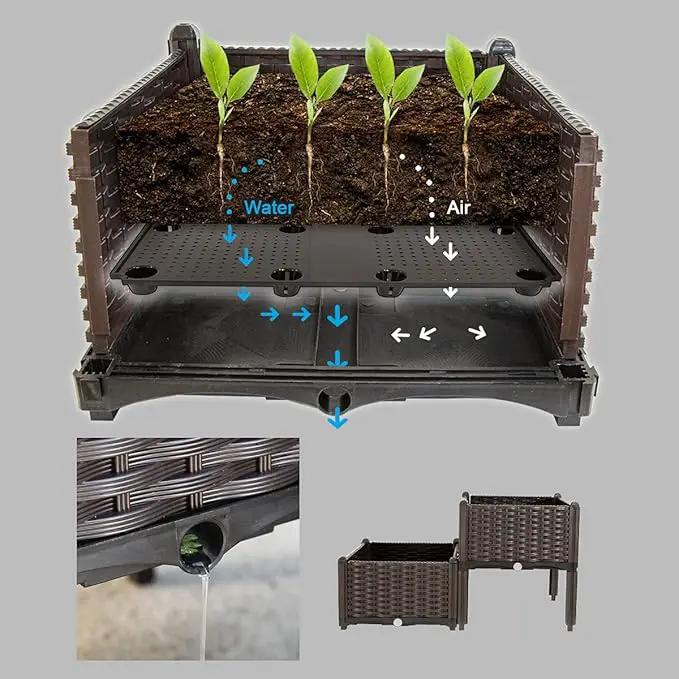 Barton 2 Pieces Raised Garden Bed Brown Plastic w/Self-Watering Design Outdoor Elevated Planter Box Kit Wheels Mobile by GreenHaven Gardens