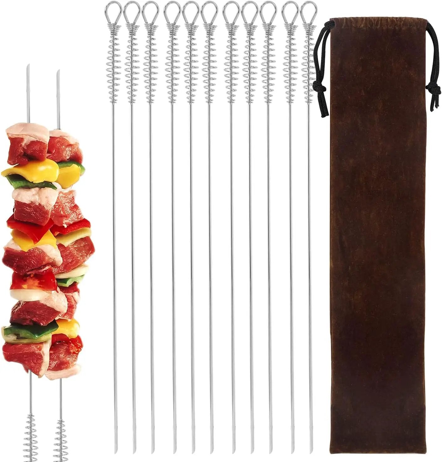 16"" 12 Pack - Metal Skewers Flat Long Kabob Skewers Reusable BBQ Barbecue Shish Sticks Skewers for Grilling, Stainless Steel, Sliver by GreenHaven Gardens