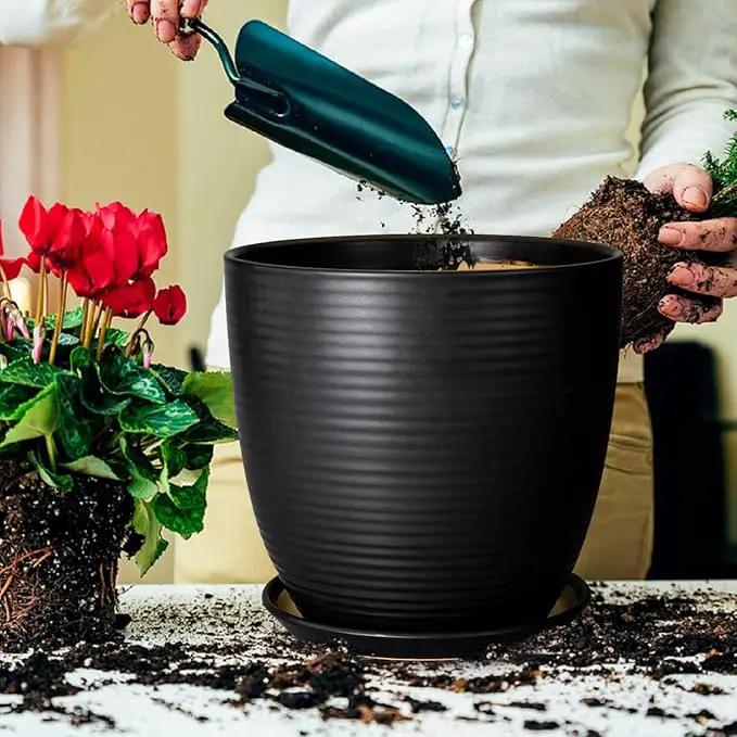 12 Inch Pots for Plants - Ceramic Planter Pot, Large Flower Pot with Drainage Hole and Saucer for Home Patio Garden Office Indoor Outdoor, Black by GreenHaven Gardens