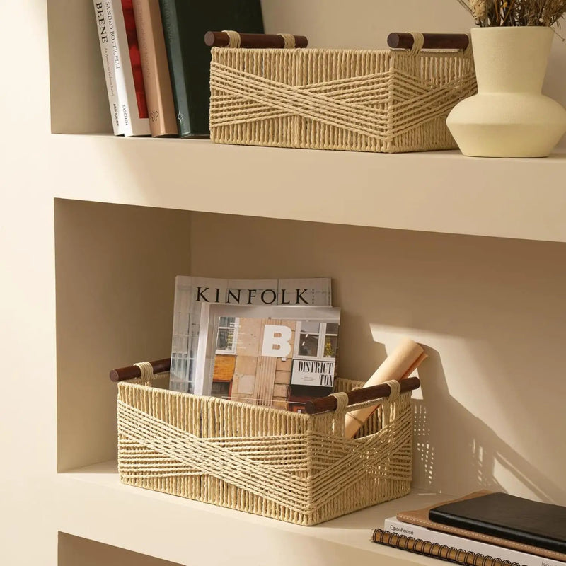 LA JOLIE MUSE Wicker Storage Baskets for Organizing, Recyclable Paper Rope Basket with Wood Handles, Decorative Hand Woven Basket Organizers for Makeup Books Shelves Living Room, Beige, Set of 2 by GreenHaven Gardens