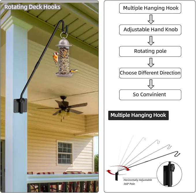 Deck Hook Wall Mounted,Extended Plant Hanger Outdoor,Bird Feeder Hanger-Metal Fence Shepherds Hooks Bracket for Hanging Hummingbird Feeder,Planter,Flower Baskets,Lantern-360°Rotating Pole by GreenHaven Gardens