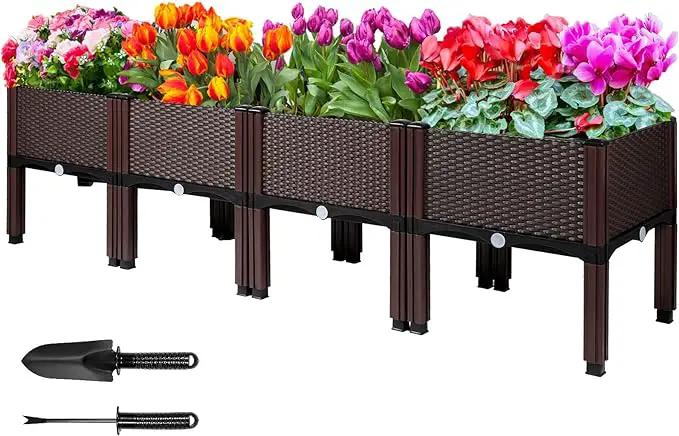 MAYOLIAH Raised Garden Bed with Drainage Elevated Planter Box Plastic Raised Beds for Gardening Vegetables Herb Flowers, Perfect for Indoor Outdoor Planting, 4 Boxes Brown by GreenHaven Gardens