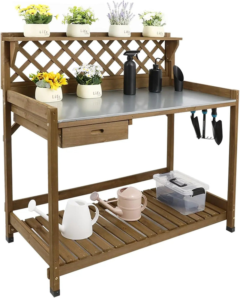 Garden Potting Bench with Metal Tabletop,Outdoor Potting Table Workstation Benches with Drawer/Storage Shelf，Fir Wood Potting Station Work Table with Open Shelf,Lattice Back (Brown) by GreenHaven Gardens