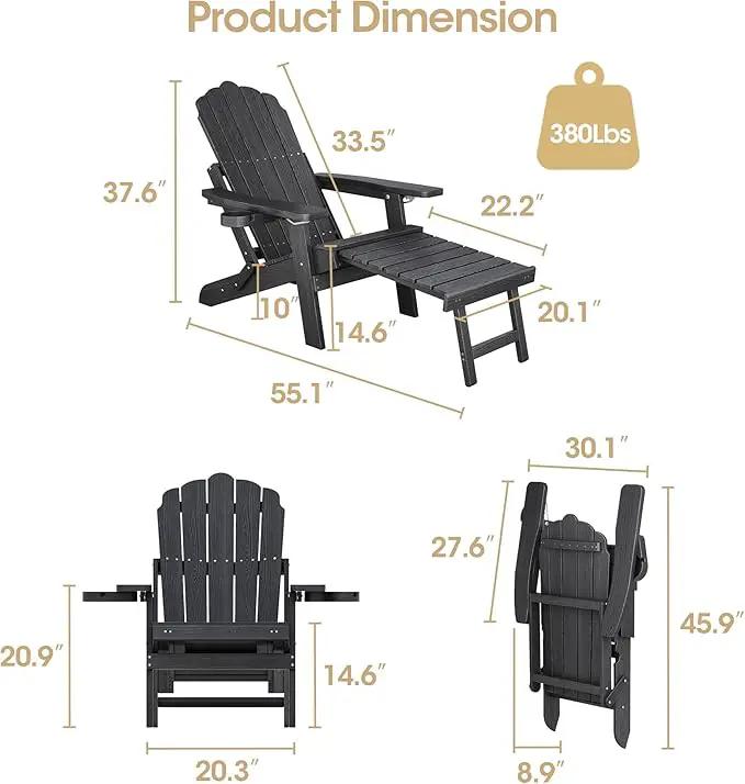 Adjustable Backrest Folding Adirondack Chair Set of 2, Adirondack Chair with Ottoman, Weather Resistant Fire Pit Chair with 2 Cup Holders, for Porch Backyard Outdoor Lawn Pool Deck Beach, Black by GreenHaven Gardens