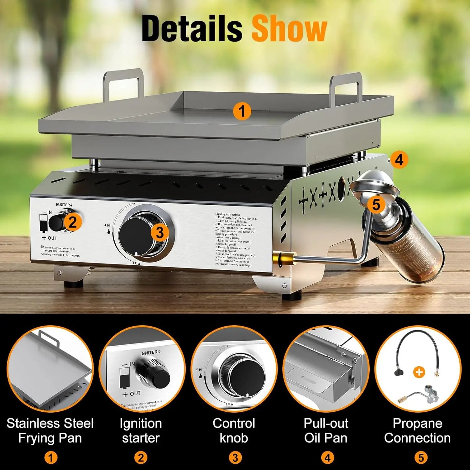 Stainless Steel Tabletop Grill,18 Inch Portable Propane Grill Griddle with Handle,8000 BTU Flat Top Grill for Camping, Outdoor & Tailgating Barbecue by GreenHaven Gardens