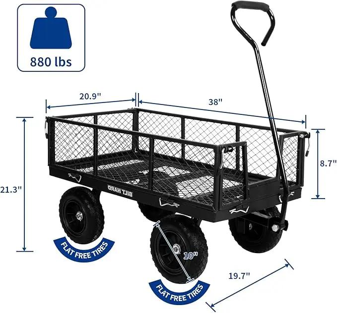 BILT HARD 10" Flat Free Tires Heavy Duty Garden Cart with 180° Rotating Handle and Removable Sides, 4 Cu.Ft 880 lbs Capacity Utility Steel Wagons for Outdoor, Yard