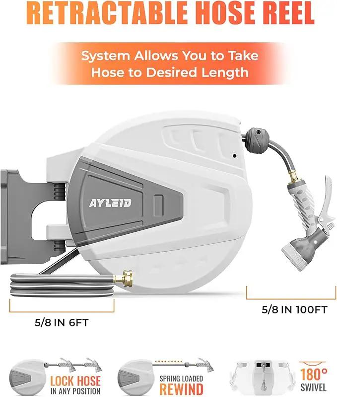 Ayleid Retractable Garden Hose Reel,5/8 in x 100 FT Wall Mounted Hose Reel, with 9- Function Sprayer Nozzle, Any Length Lock/Slow Return System/Wall Mounted/180°Swivel Bracket (Grey) by GreenHaven Gardens