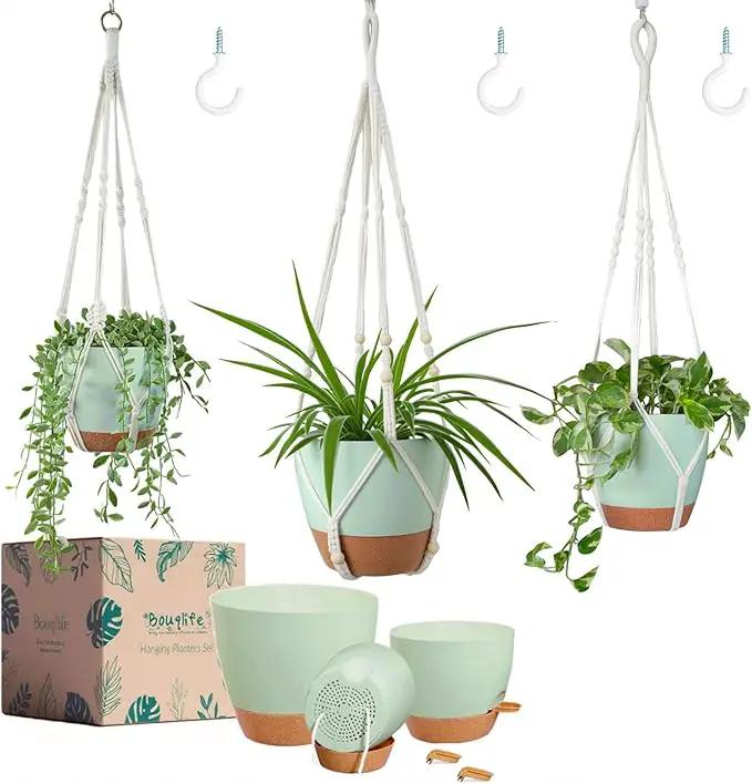 Larege Hanging Planters with Macrame Plant Hangers for Indoor Outdoor Plants 3 Set 10" / 8" / 7" Self Watering Pots Hanging Baskets Flower Pot Holders 3 Different Size Green Large by GreenHaven Gardens