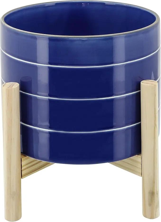 Sagebook Home 8" Planter on Stand - Ceramic Planter on Wooden Base - Contemporary Blue and White Striped Design Indoor or Outdoor Plant Stand Decor by GreenHaven Gardens