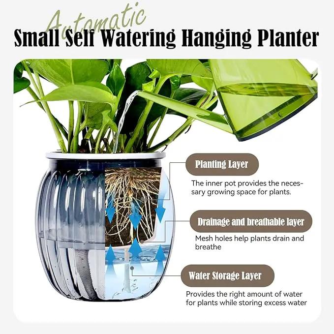 Small Hanging Planters Self Watering 5 Inch, 3 Set Hanging Plant Pot for Indoor Outdoor Plants, Hanging Flower Pots with Drainage Hole & 2 Kinds of Plant Hangers for Garden Home Decor by GreenHaven Gardens
