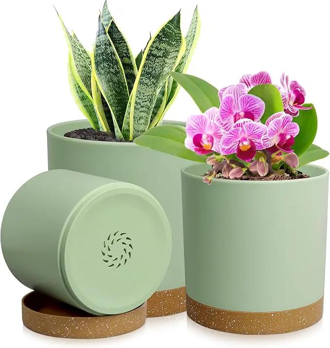 3 Pack 6/5/4 inch Cylindrical Flower Pots, Modern Small Round Plastic Plant Pots with Drainage Holes & Saucers, Clean and Refined Planter Pots for Outdoor, Indoor & Office Decor (Green Brown) by GreenHaven Gardens