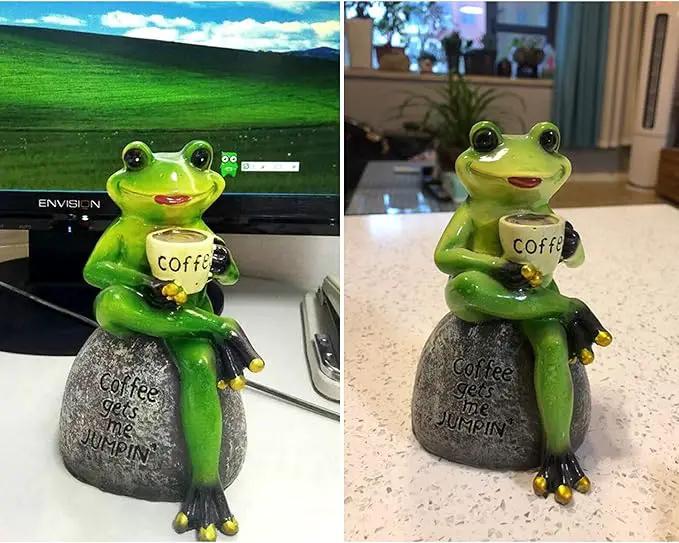 OwMell Frog Statue for Garden, Drinking Coffee Green Frog Figurine for Outdoor Decor Yard and Garden Decoration Resin Sculpture 6 Inches by GreenHaven Gardens
