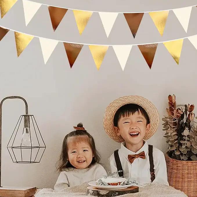 Brown Beige and Gold Party Decorations Fabric Triangle Pennant Banner Flag Bunting Garland for Boho Neutral Rustic Cowboy Western Teddy Bear Birthday Baby Shower Graduation Engagement Party Supplies by GreenHaven Gardens