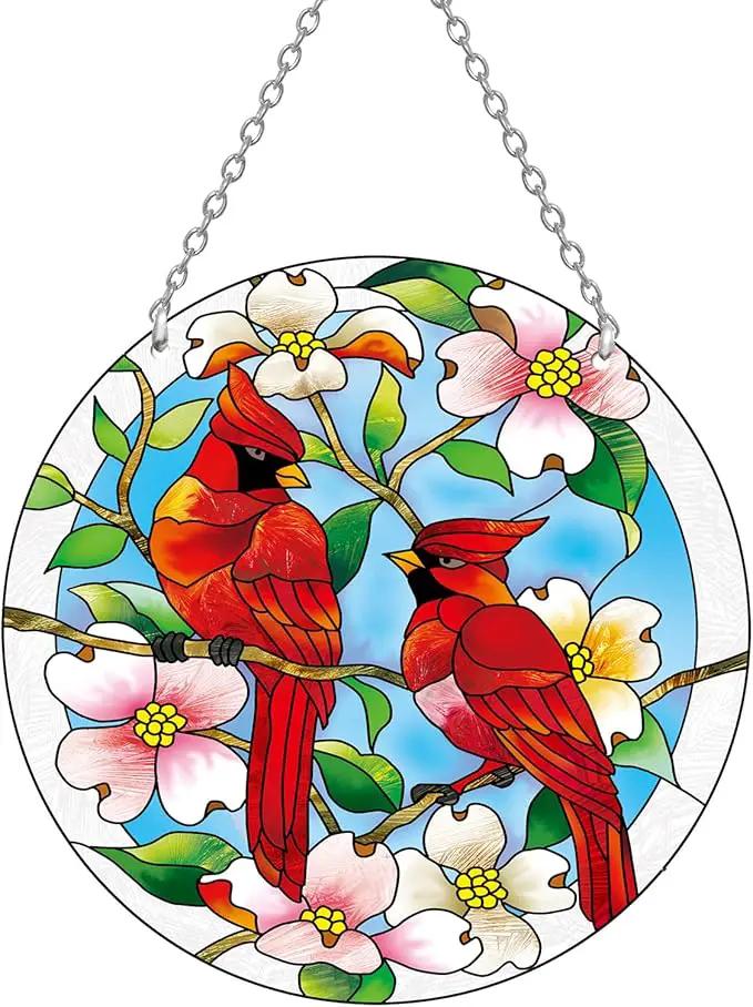 Cardinal Suncatcher Stained Glass, Cardinal Gifts for Women, Stained Glass Window Hanging - Red Birds Suncatchers for Windows, American Glass Hanging, Hand Painted Glass for Birds Lover (6inch) by GreenHaven Gardens