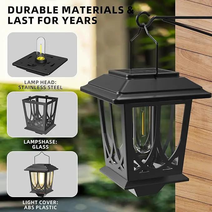 Solar Lanterns Outdoor Waterproof 2 Pack, Glass Auto On/Off LED Hanging Solar Lights, Outdoor Lantern with Wall Mount for Yard Fence Patio - Black by GreenHaven Gardens