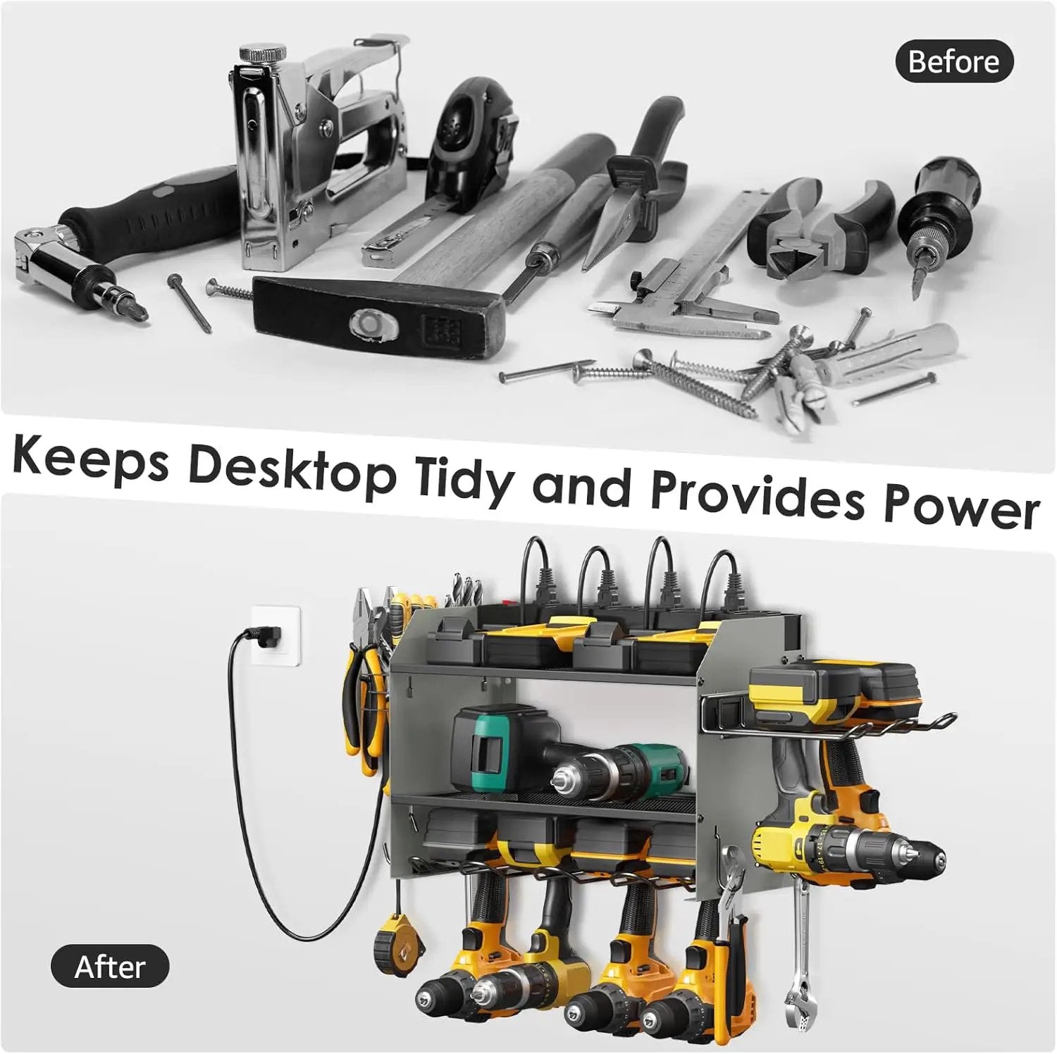 CCCEI Modular Power Tool Organizer Wall Mount Charging Station, Grey 6 Drills Holder with 8 Plug Power Strip 10FT, Garage Drill Battery Heavy Duty Metal Shelf, Utility Rack with Hooks, Side Storage. by GreenHaven Gardens