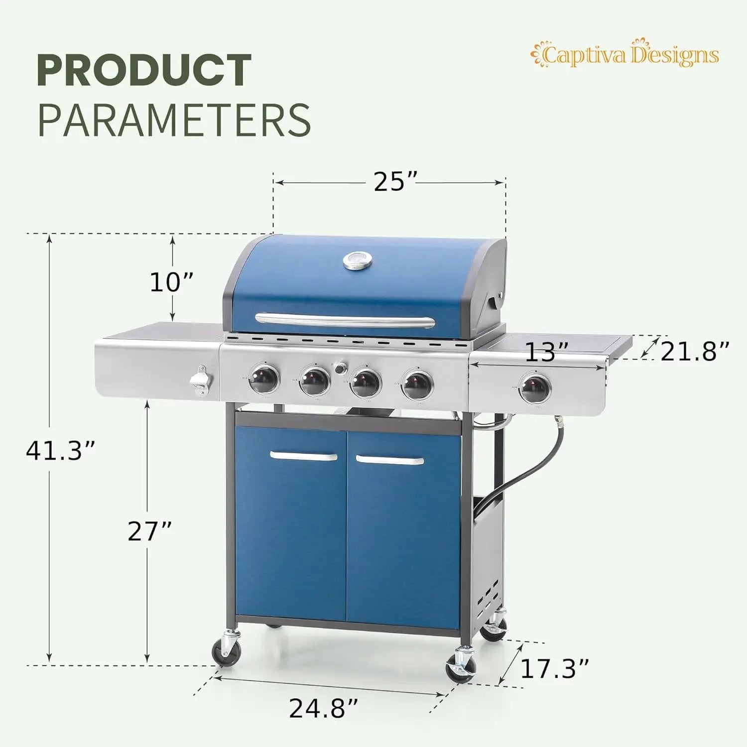 Captiva Designs 4-Burner Propane Gas BBQ Grill with Side Burner & Porcelain-Enameled Cast Iron Grates, 42,000 BTU Output Barbeque Grill for Outdoor Cooking Kitchen and Patio Backyard Barbecue, Blue by GreenHaven Gardens