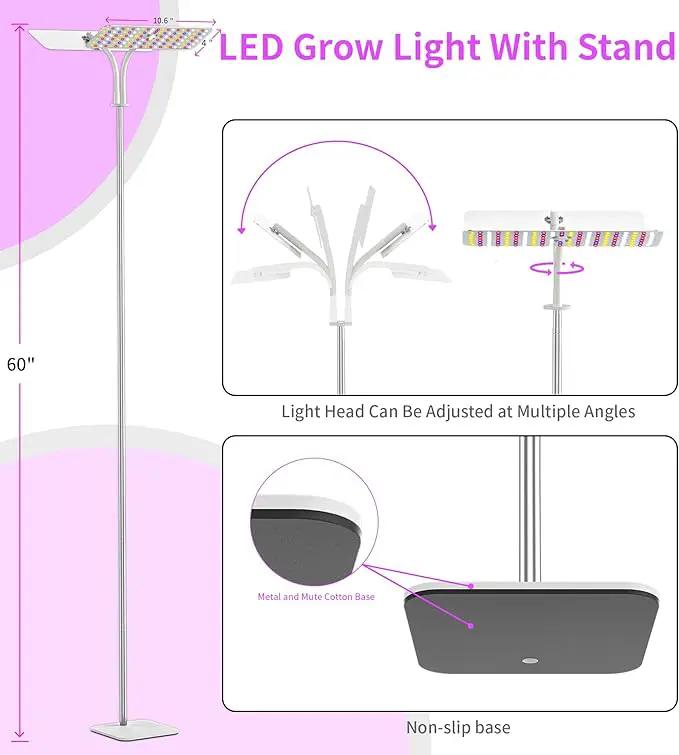 Grow Lights with Base, Double Head, Full Spectrum LED Grow Light for Indoor Plants, 240 Leds, 4 Dimmable Levels, Timer 4/8/12h, 12-60inches Height Adjustable, 36w, Ideal for Desk Small Plants by GreenHaven Gardens