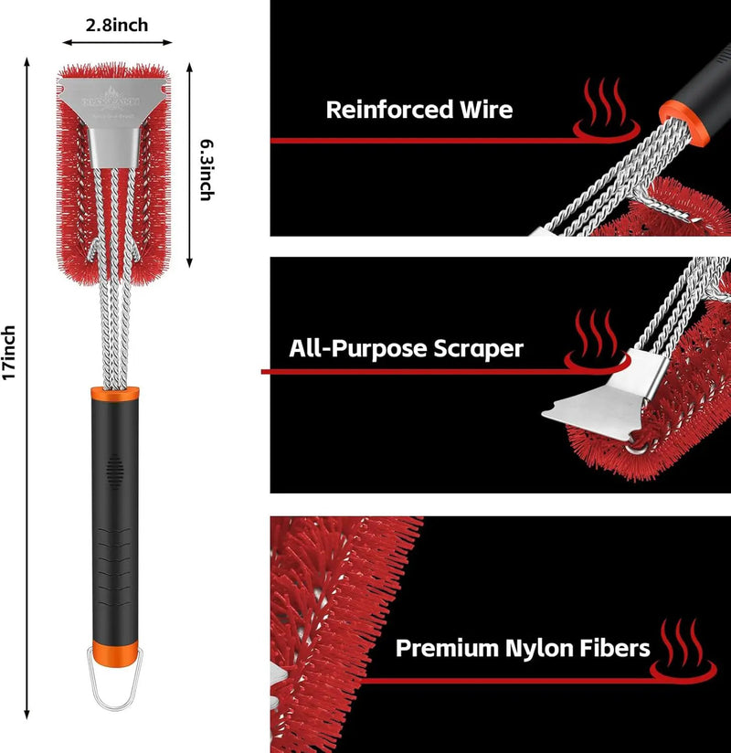 Grill Brush and Scraper, Safe Nylon Bristles Barbecue Triple Scrubbers Cleaning Brush for Cast Iron Grates/Porcelain/Weber Gas/Charcoal Grill，Extra Strong BBQ Cleaner Accessories (Red) by GreenHaven Gardens