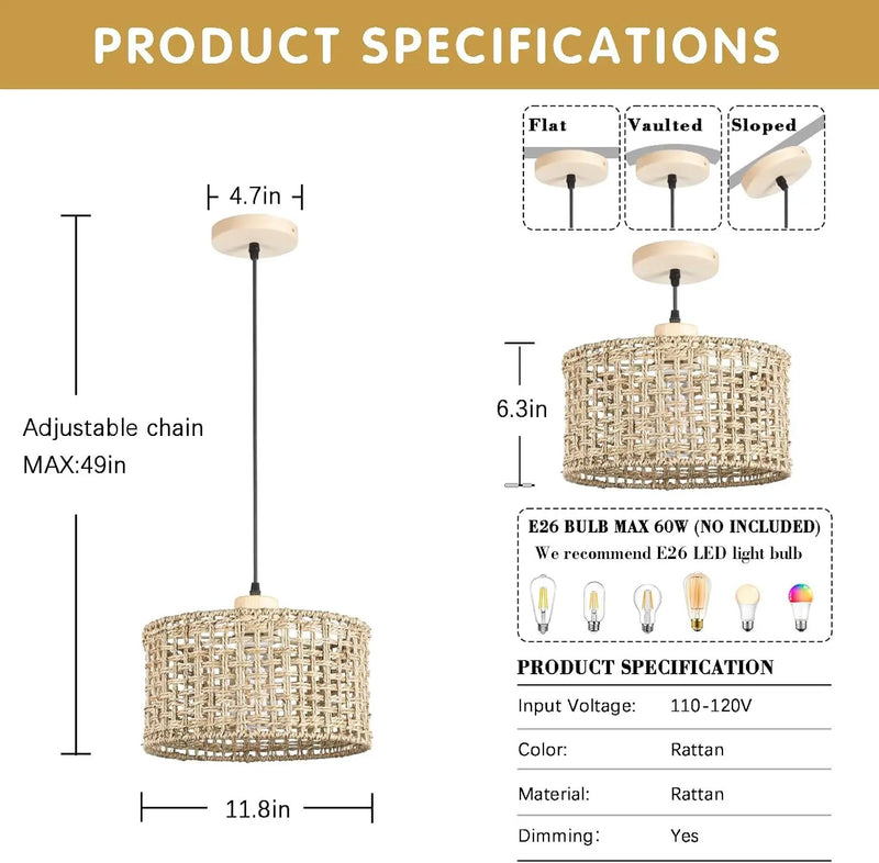 Hand-Woven Rattan Pendant Light, 11.8" Bohemian 1-Light Natural Wicker Hanging Lighting Fixture Ceiling Farmhouse Basket Hanging Lamp Chandelier for Kitchen Island, Living Dining Room by GreenHaven Gardens