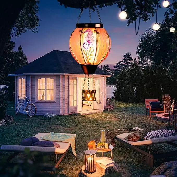 Seahorse Solar Hot Air Balloon Lantern with Flame Flickering Light,Glass Hot Air Balloon Solar Lanterns Outdoor Waterproof Hanging Outdoor Lights for Yard,Patio,Porch Garden Gift for Women by GreenHaven Gardens
