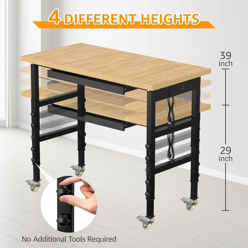 48" Adjustable Workbench,Heavy-Duty Work Table,3000 LBS Load Capacity Particleboard Hardwood Workstation Outlets with Power Strips, Drawers and Wheels,for Workshop, Garage by GreenHaven Gardens