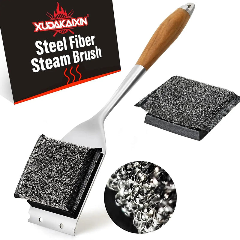 Grill Brush Bristle Free,Unique Steel Fibers Pad [Safe & Efficient] Perfect for Any Grill/Flat Tops Griddles - with 1 Replaceable Cleaning Head - Safe Grill Brush for Outdoor Grill by GreenHaven Gardens