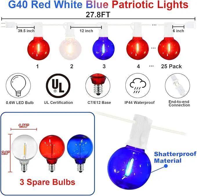 27.8Ft G40 Red White and Blue Lights String with 28 Shatterproof LED Globe Bulbs, for Memorial Day 4th of July Decorations Outdoor & Patriotic Decorations Lights for Home Party Patio Gazebo, 0.6W by GreenHaven Gardens